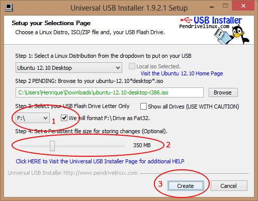 Experimentando ou Instalando o Ubuntu 12.10 via pendrive gerado com o Universal USB Installer no Windows 8